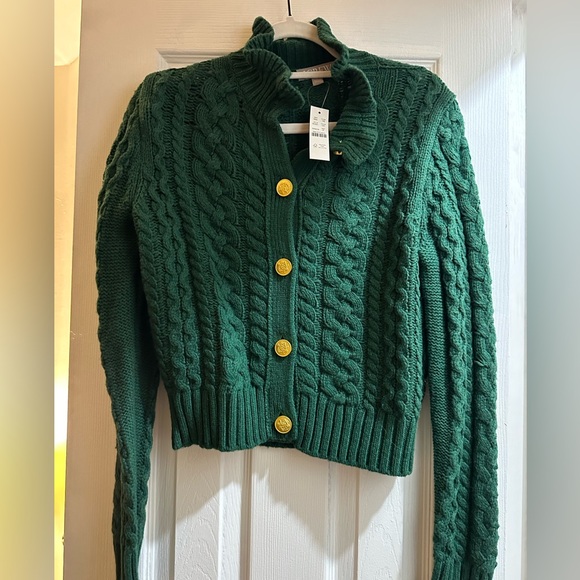 J. Crew Cable Knit Ruffleneck Cardigan Sweater in Emerald Green - Picture 6 of 7